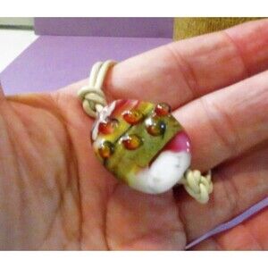 Pink soft gray white Bubble lamp work artist bead on Cream Italian leather 7in